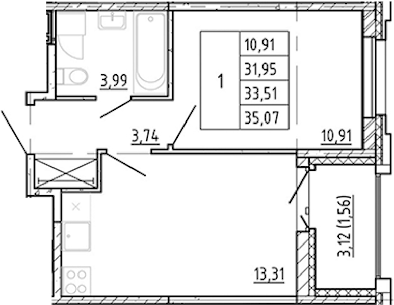 1-комнатная квартира 31.95 м², 10/12 эт., ЖК «Полис Новоселье»